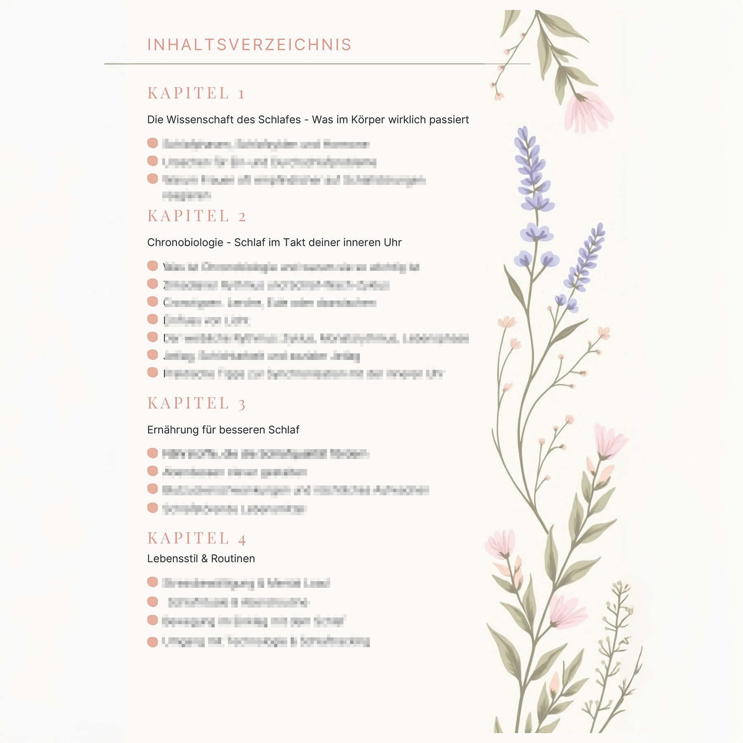 Inhaltsverzeichnis für den Schlafratgeber für Frauen mit Kapitelübersicht zur Schlafwissenschaft.