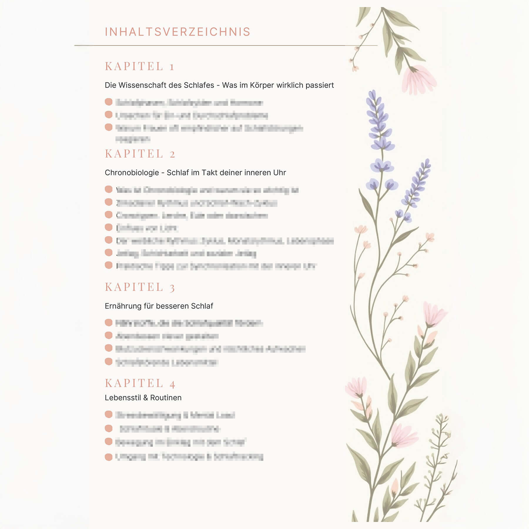 Inhaltsverzeichnis für den Schlafratgeber für Frauen mit Kapitelübersicht zur Schlafwissenschaft.