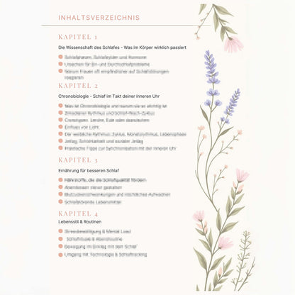 Inhaltsverzeichnis für den Schlafratgeber für Frauen mit Kapitelübersicht zur Schlafwissenschaft.
