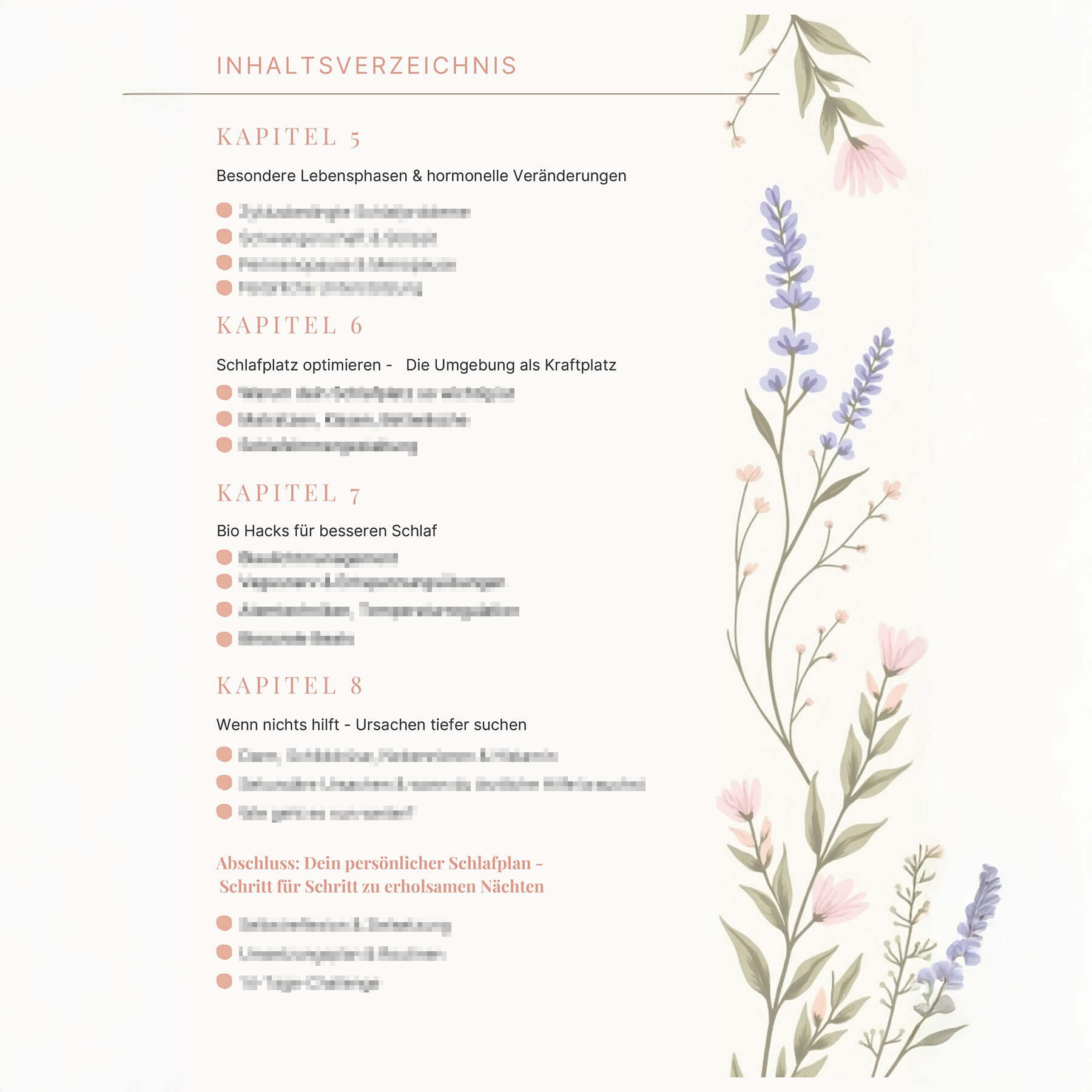 Schlafratgeber für Frauen - Inhaltsverzeichnis mit Kapiteln zu Schlafoptimierung und persönlichen Schlaftipps.