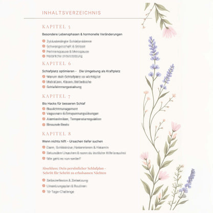Schlafratgeber für Frauen - Inhaltsverzeichnis mit Kapiteln zu Schlafoptimierung und persönlichen Schlaftipps.